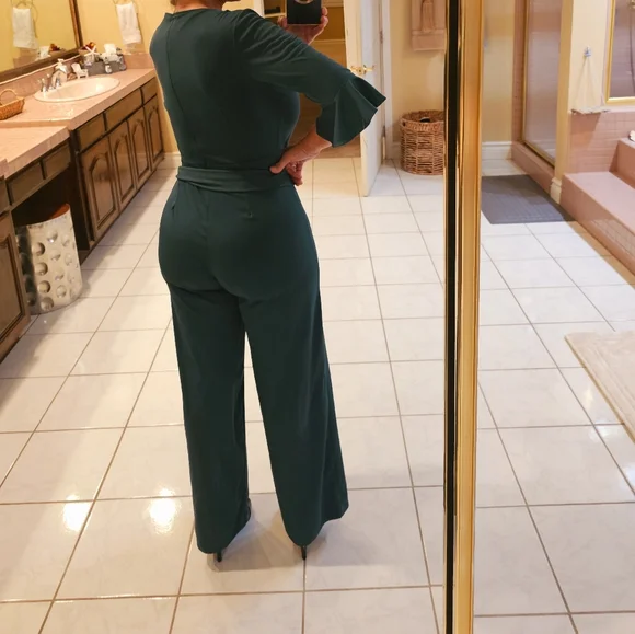 Womens Medium half sleeve Belted green one piece pants jumpsuit - Picture 5 of 9